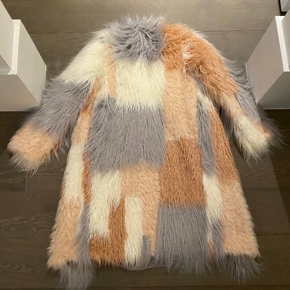 ASOS Patched Faux Fur Coat Size 4 BURNING MAN - Picture 4 of 4